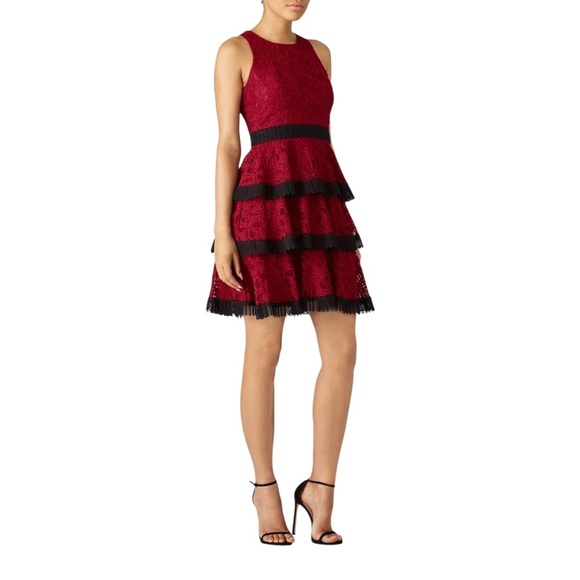 Aidan Mattox Dresses & Skirts - Aidan Mattox Lace Tiered Dress Size 8 Ruffled Lace A Line Burgundy Red Black